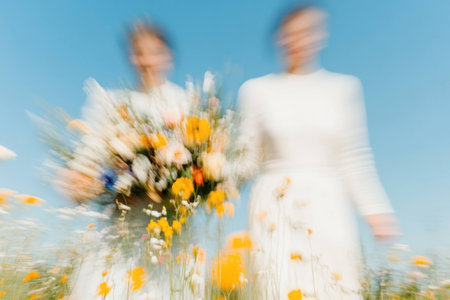 Two joyful brides in white dresses soaring through a vibrant flower field, capturing the essence of love and celebration in a colorful spring settingの素材