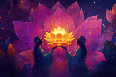 Ethereal beauty of two women holding a glowing lotus flower against a vibrant purple and pink floral backdrop, symbolizing harmony and inner peaceの素材
