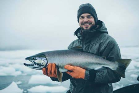 Happy fisherman holding a large catch in a cold, icy environment, wearing warm protective clothing, showcasing passion for ice fishing and natureの素材