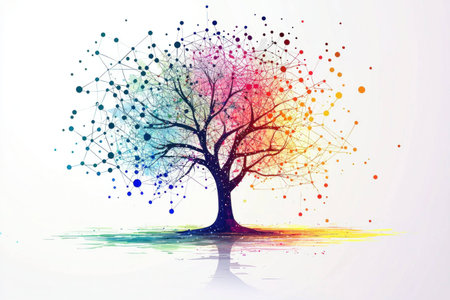 Abstract colorful tree of life illustration with connections, vibrant colors, representing growth, nature, and harmony, suitable for wellness and environmental themesの素材