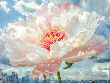 A stunning close up of a large blooming peony flower against a vibrant sky, symbolizing beauty and nature, ideal for seasonal themes and wellness conceptsの素材