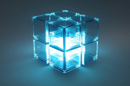 Transparent blue glass cubes arranged in a glowing structure, symbolizing creativity, innovation, and modern design, perfect for tech and abstract conceptsの素材