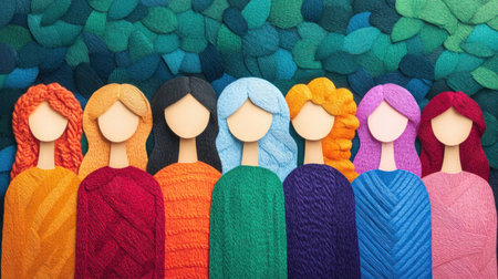 A colorful representation of female diversity with textured yarn figures, showcasing various hair colors and styles against a vibrant backgroundの素材