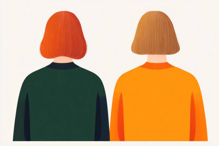 Two women with different hair colors and styles, showcasing a vibrant contrast against a minimalistic background, symbolizing diversity and individualityの素材