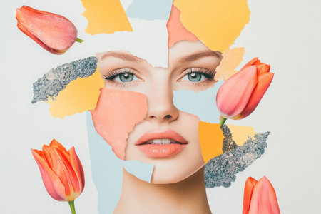 Artistic portrait of a young woman with blue eyes, featuring vibrant tulips and colorful paper cutouts, conveying beauty and creativity in a soft paletteの素材