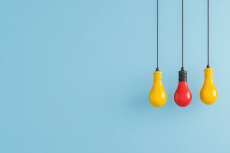 Colorful hanging light bulbs against a blue background, perfect for modern decor, design inspiration, and vibrant home interiorsの素材