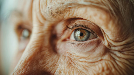 Close up of an elderly woman s eye showcasing wisdom and emotion, emphasizing intricate details of wrinkled skin and vibrant blue green irisの素材
