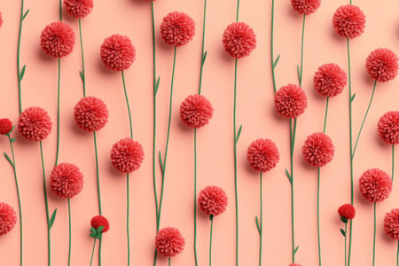 Vibrant pink pom pom flowers on a peach background, creating a cheerful spring atmosphere with playful emotions and a soft color paletteの素材