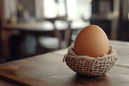 Brown egg in a woven nest placed on a wooden table in a cozy caf setting, symbolizing healthy eating and natural food choicesの素材