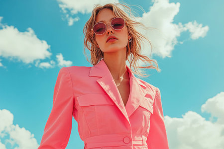 Stylish young woman in a pink blazer and sunglasses against a bright blue sky, embodying summer fashion trends with a confident expressionの素材