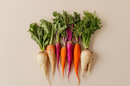 Fresh, colorful organic vegetables including carrots and radishes arranged on a light background, showcasing healthy eating concepts and vibrant colorsの素材