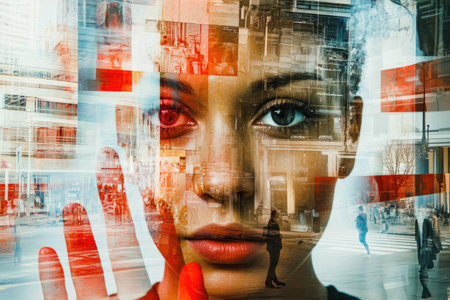 Portrait of a young woman with an expressive face, showcasing emotions through a glass window effect, with a colorful urban background, ideal for concepts of connection and modernityの素材