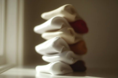 Soft, folded fabrics stacked in a cozy arrangement, showcasing neutral and warm tones, perfect for interior decor and textile design inspirationの素材