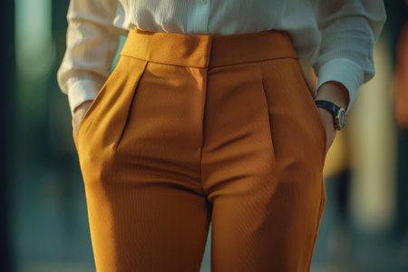 Stylish woman in yellow trousers and white blouse with hands in pockets, capturing confidence and elegance against a soft focused modern backgroundの素材