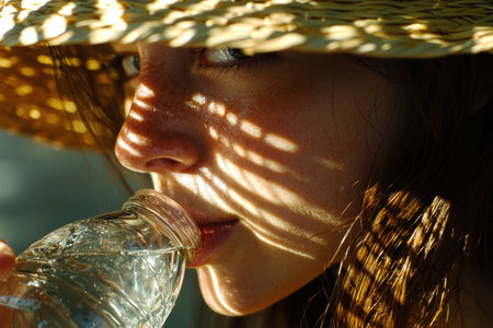 Young woman with long hair drinking water, wearing a straw hat, with soft shadows on her face, evoking hydration and relaxation in a summer settingの素材