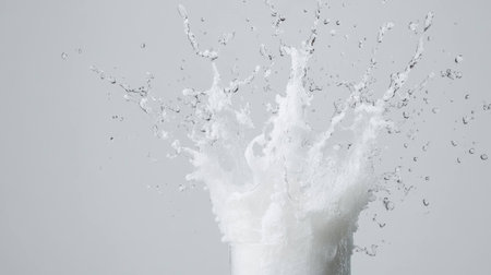 Fresh splash of milk from a glass with a light gray background, capturing the essence of healthy nutrition and refreshing momentsの素材