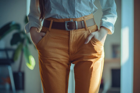 Stylish model wearing bright orange pants and a shirt, posing confidently in a modern interior setting, exuding a contemporary fashion vibeの素材