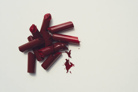 A collection of broken red lipsticks scattered artistically on a white surface, showcasing vibrant colors and textures, perfect for beauty and makeup conceptsの素材