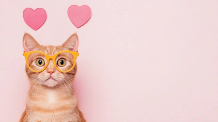 Cute orange cat wearing yellow glasses with hearts on a pastel pink background, perfect for showcasing a playful and love themed conceptの素材