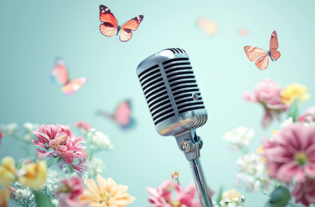 Vintage microphone surrounded by colorful flowers and butterflies, representing creativity, music and springtime joyの素材