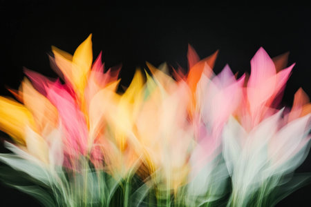 Abstract still life of blurred colorful flowers in motion, featuring vibrant hues of yellow, pink, and white, creating a lively and energetic atmosphereの素材