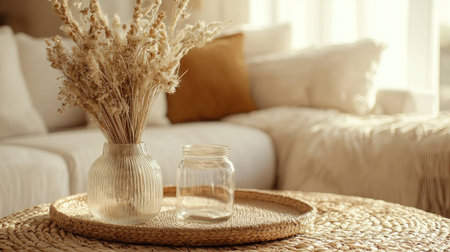 Cozy home interior with dried flowers and warm decor, featuring a glass vase and natural textures in a soft color palette, perfect for minimalist and seasonal stylingの素材