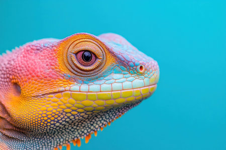 Vibrant close up of a colorful lizard showcasing vivid patterns and textures against a striking teal background, ideal for wildlife and nature enthusiastsの素材