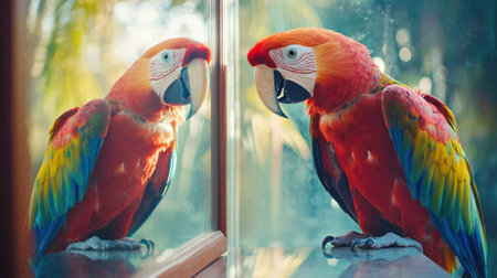 Colorful parrot reflecting in a window with vibrant feathers showcasing tropical hues in a serene environmentの素材