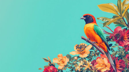 Vibrant tropical parrot perched among colorful flowers against a turquoise background, showcasing the beauty of nature and vibrant wildlifeの素材