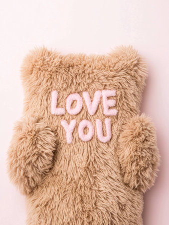 Cute fluffy teddy bear with LOVE YOU text, perfect for expressing affection and warmth in a cozy setting, ideal for gifts or home decorの素材