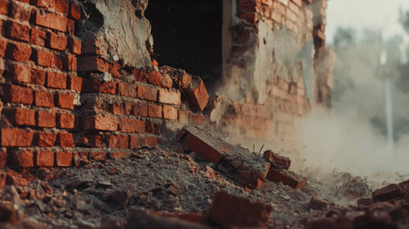 Ruined brick wall with debris and dust, showcasing the aftermath of destruction in a neglected area, highlighted by warm tones and a gritty atmosphereの素材