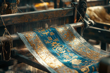 Detailed close up of intricate fabric weaving featuring vibrant blue and gold thread patterns in a traditional textile workshop settingの素材