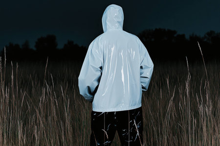 A model in a reflective rain jacket stands in a moody landscape, capturing a sense of mystery and contemplation in a fashion forward style against a dark backdropの素材