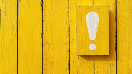 Bright yellow warning sign mounted on a wooden wall, symbolizing alertness and caution, with contrast of white and vibrant yellow tones, ideal for safety conceptsの素材