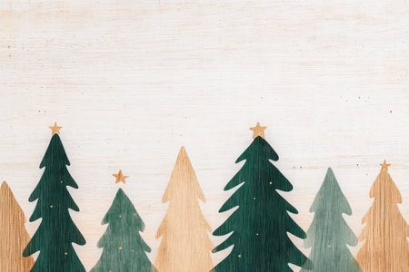 Festive holiday trees decorated with stars on a light wooden background, perfect for seasonal celebration themesの素材