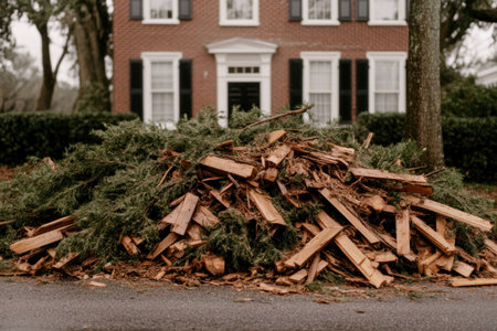 Pile of cut wood and debris in front of a classic brick house showcasing the aftermath of a storm, featuring earthy tones and emotional contrastの素材