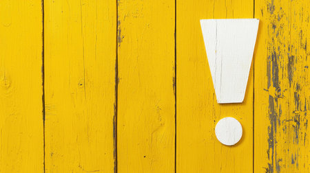 Bright yellow wooden background with a white exclamation mark symbol, ideal for conveying urgency, attention, or caution in design conceptsの素材