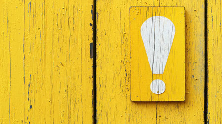 Yellow warning sign on a rustic wooden background, conveying caution and alertness with its vibrant color and distressed textureの素材