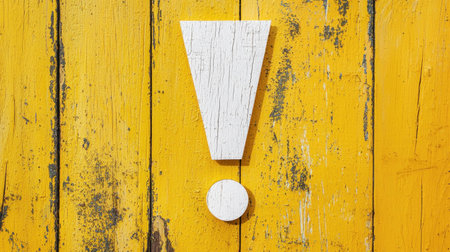 Bright yellow wooden background with a white exclamation mark icon, symbolizing urgency, attention, and warning in visual communicationの素材