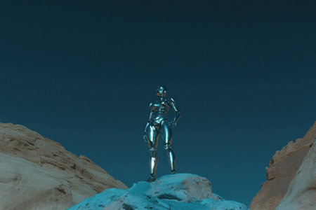 Futuristic chrome robotic figure stands majestically on rocky terrain against a deep blue sky, showcasing a blend of technology and art in a captivating landscapeの素材