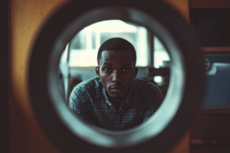 Portrait of a thoughtful African American man looking through a circular opening, showcasing emotions of introspection and contemplation in a modern settingの素材