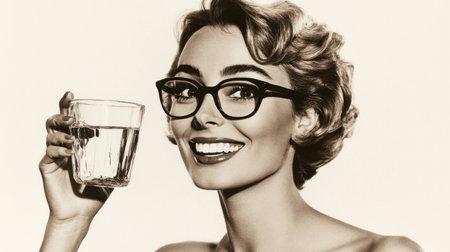 Smiling woman with short hair and glasses holding a glass of water, showcasing healthy lifestyle and vitality in a black and white portrait styleの素材