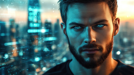 Intense portrait of a bearded man with blue glowing eyes, set against a futuristic city skyline at dusk, representing strength and determinationの素材