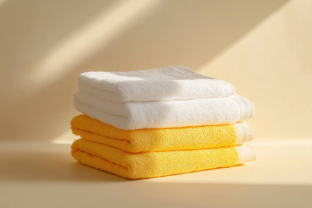 Fresh white and yellow towels stacked neatly on a soft background, evoking a sense of cleanliness and comfort in home decor or skincare conceptsの素材