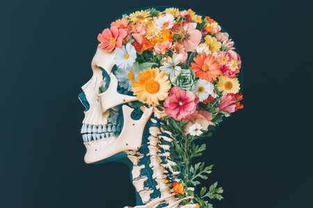 Artistic depiction of a skeleton with a vibrant floral brain, showcasing a unique blend of life and death through colorful flowers and a dark backgroundの素材