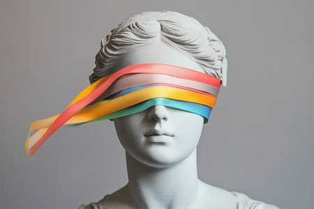 A marble statue with colorful ribbon blindfolds, symbolizing perception, vision, and identity through a modern artistic lensの素材