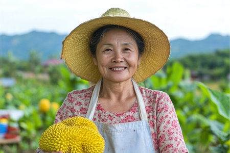 Smiling Asian woman in a straw hat holding fresh durian, surrounded by lush greenery, showcasing organic farming and healthy eating concepts in summerの素材