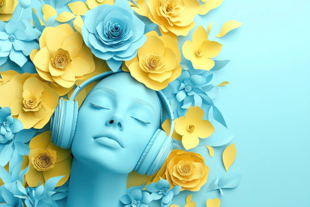 A serene blue mannequin with headphones surrounded by vibrant yellow and blue paper flowers, symbolizing relaxation and creativityの素材