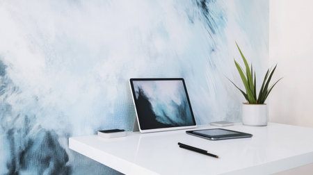 Modern workspace with a minimalist design featuring a tablet and notebook on a white desk, accented by a green plant against a soft blue abstract backgroundの素材