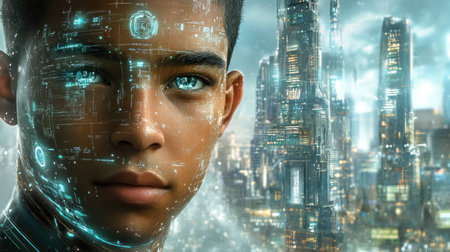 Futuristic portrait of a young man with glowing digital patterns on his face, set against a vibrant city skyline, reflecting themes of technology and innovationの素材